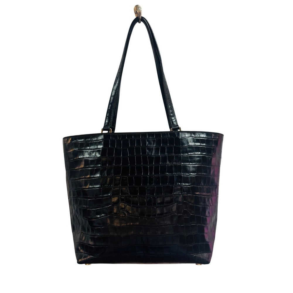 Michael Kors Black Croc Embossed Leather Tote Bag Gold Hardware Top Zip - Picture 2 of 11
